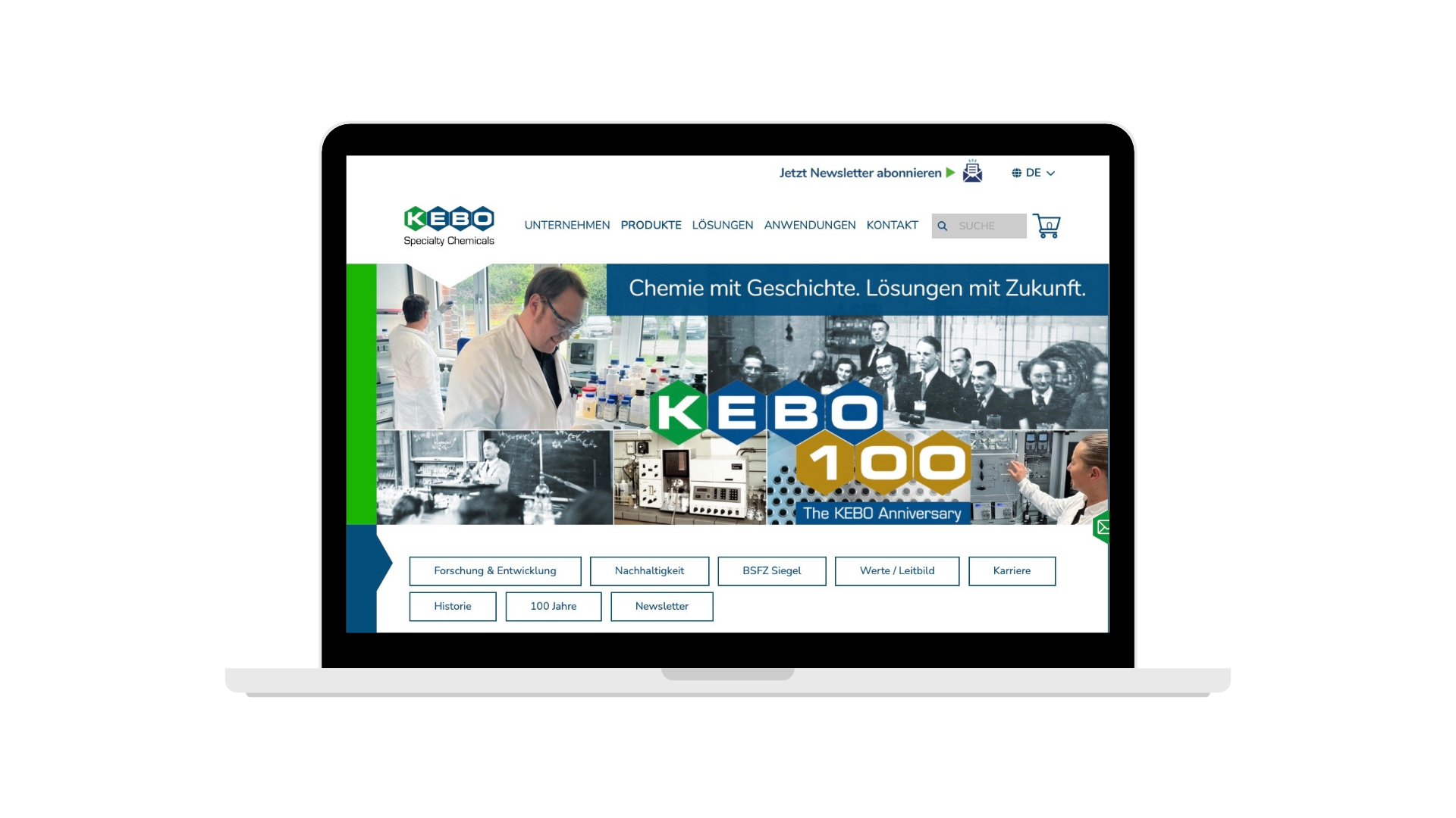 Aufgeklappter Laptop mit Startseite von kebo-chemicals.com